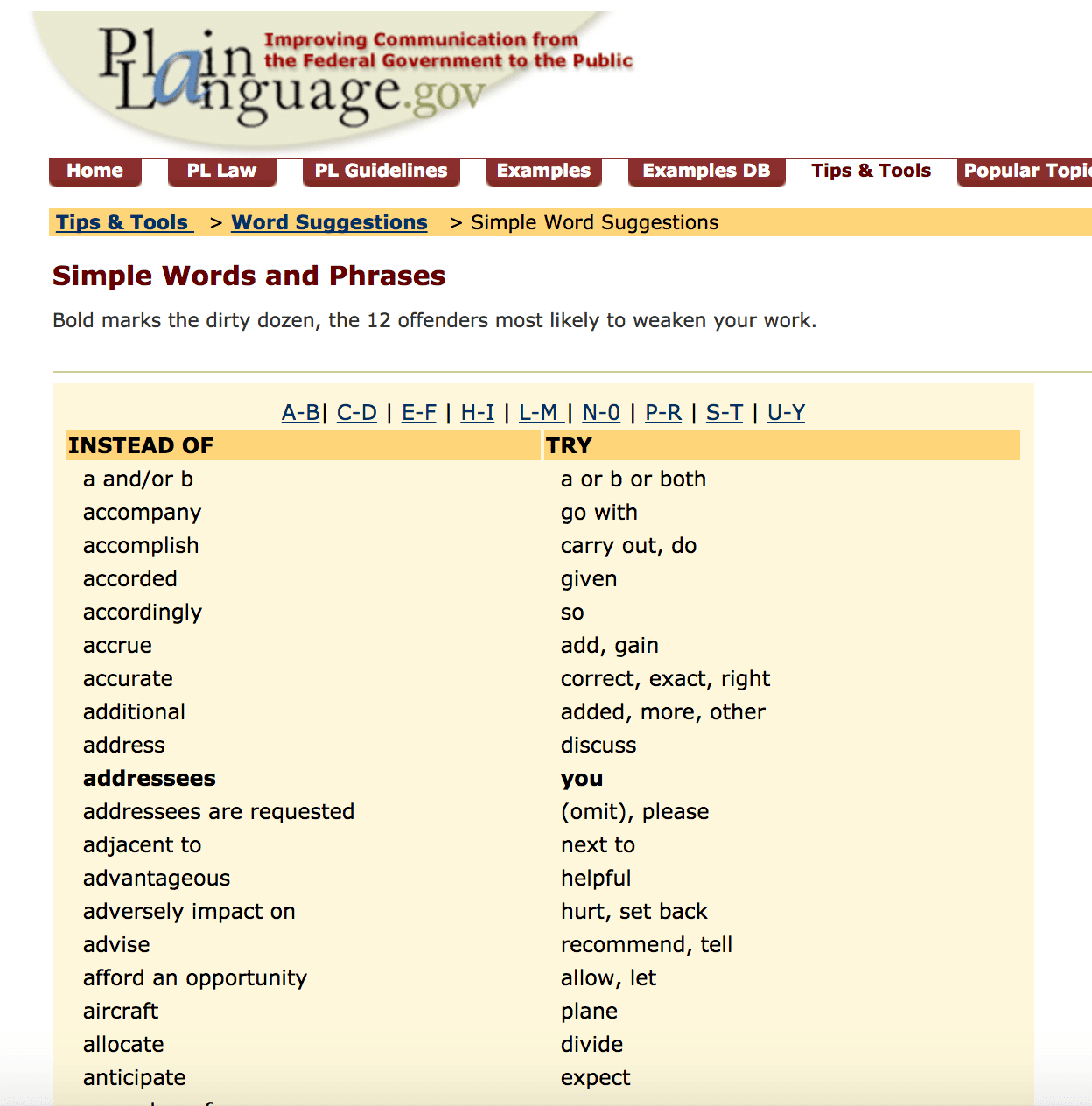 screenshot of the simple words and phrases list