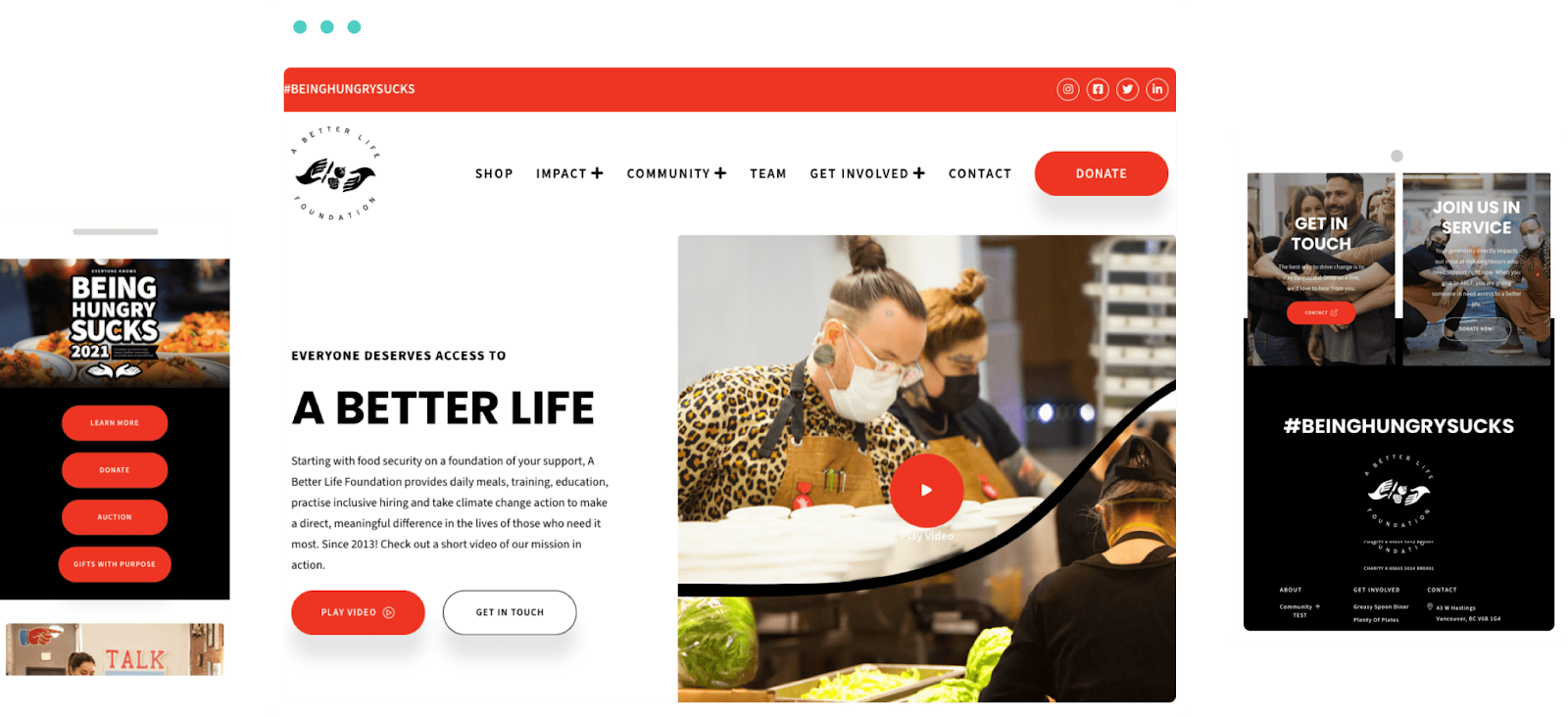 screenshot showing the Better Life Foundation's homepage using red across the top and on conversion buttons