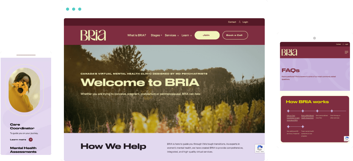 screenshot showing Bria's homepage, which uses lavender and maroon in alternating callout blocks