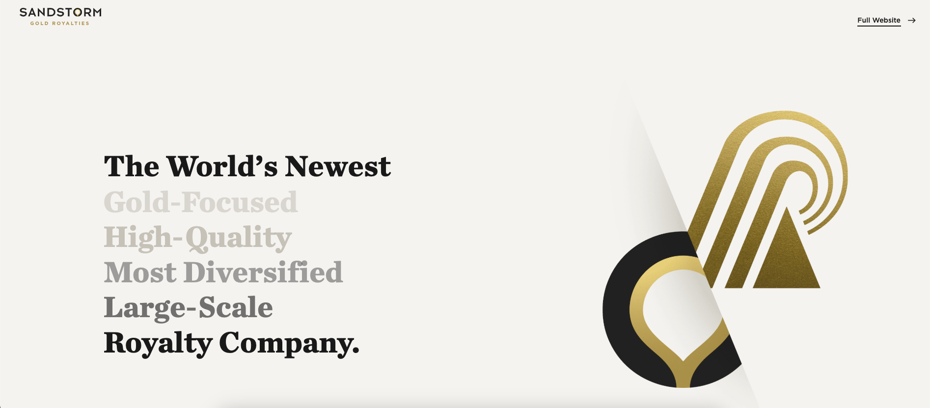 screenshot showing the homepage for Sandstorm Gold Royalties, which uses different shades of grey in their headings and accents. 