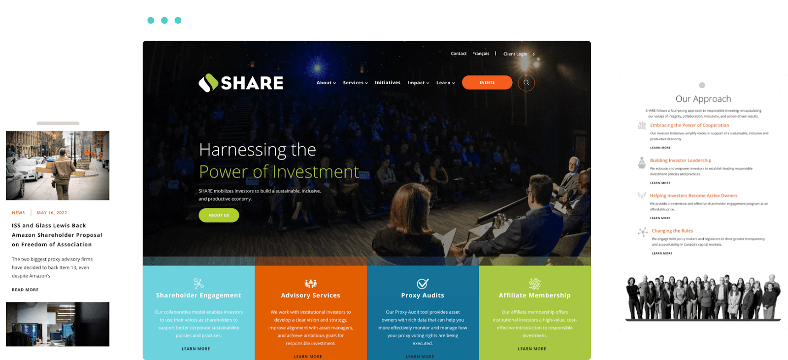 screenshot showing SHARE's homepage with a dark blue and black photo in the main banner, using orange accents on conversion buttons and service callouts