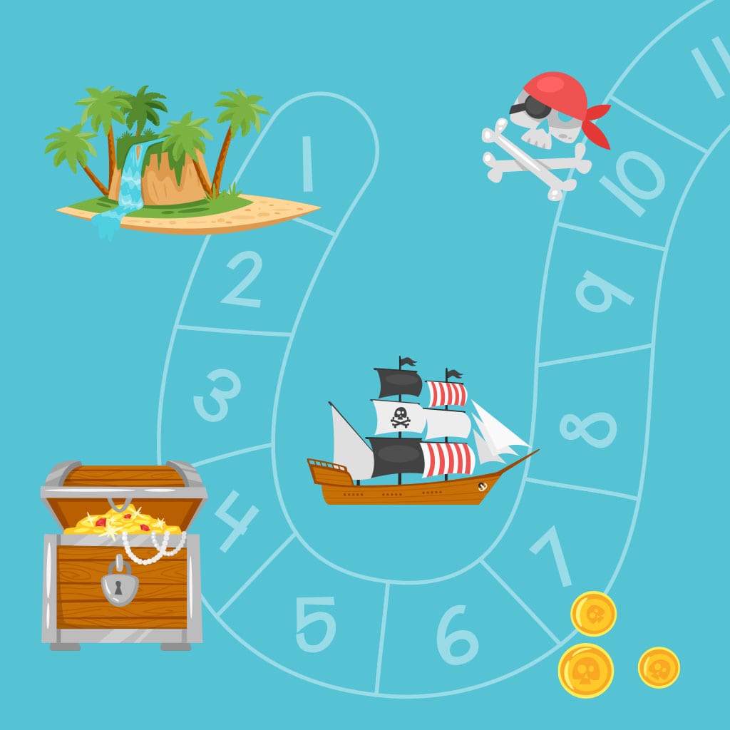 illustration of a pirate ship on a game board-style map, with a treasure chest, island, and skull n' crossbones also shown