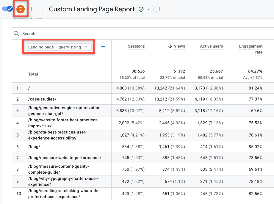 screenshot of the custom landing page report in GA4