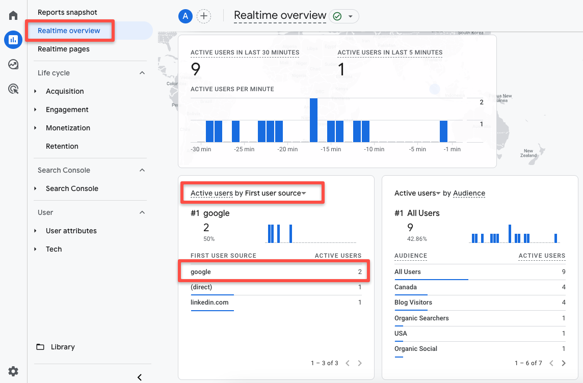 screenshot showing the realtime report in GA4, with google traffic