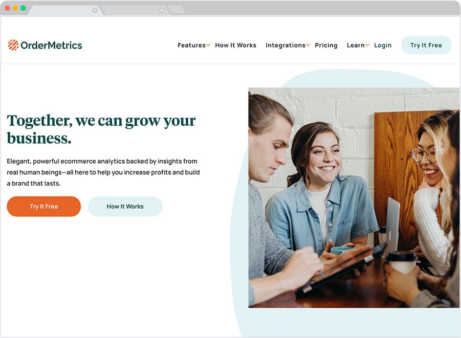 screenshot showing the menus and CTA buttons on the OrderMetrics site