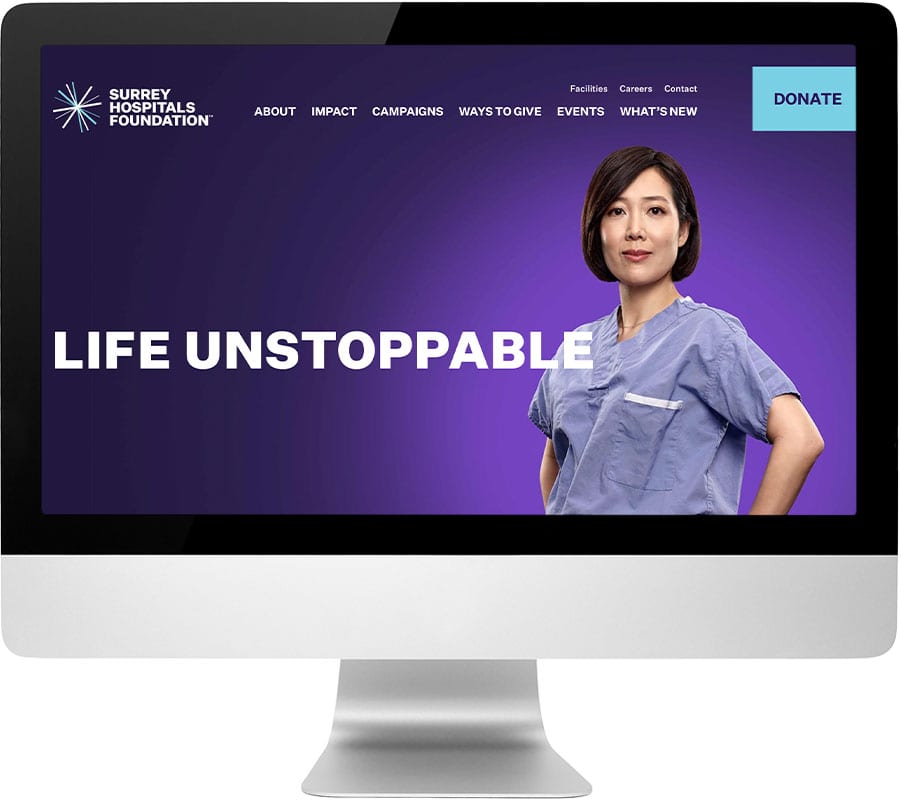 screenshot showing the primary and utility menus on Surrey Hospitals Foundation's website