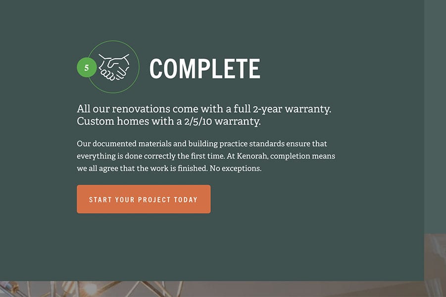 screenshot showing the CTA on Kenorah's website that speaks to the warranty, and encourages making contact