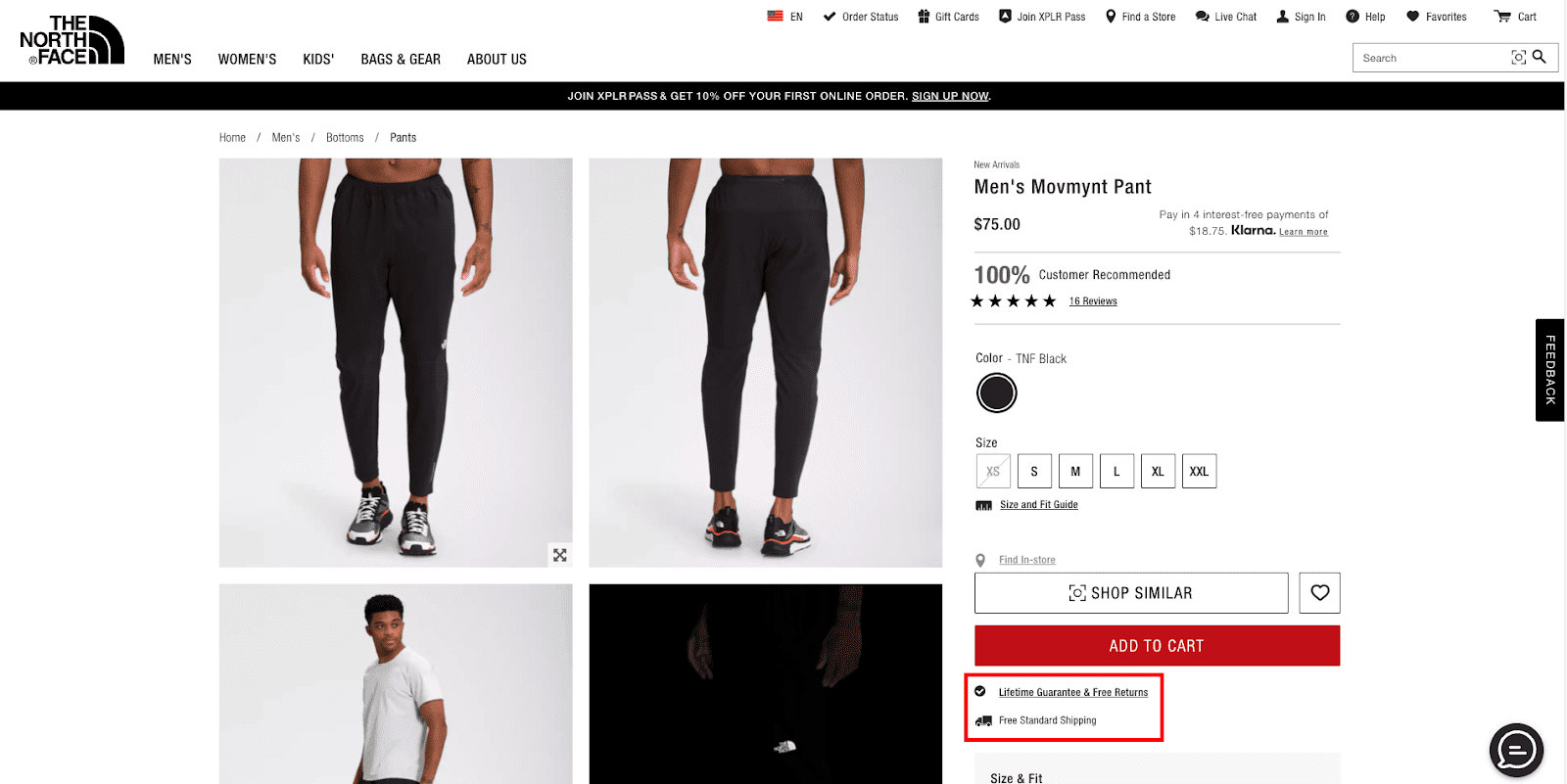 screenshot of a North Face product page for men's pants with trust badges