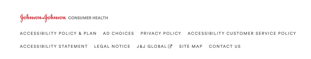 Screenshot showing the unhelpful HTML sitemap on the Johnson & Johnson website, which has the same items as the main menu and offers no additional value.