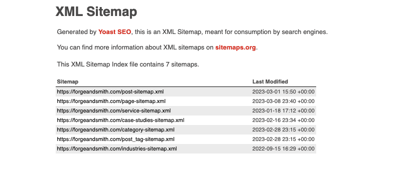 Screenshot showing the XML sitemap for forgeandsmith.com, generated by the Yoast SEO plugin. The XML sitemap is a list of folders that contain posts, pages, services, case studies, categories, tags, and industries.