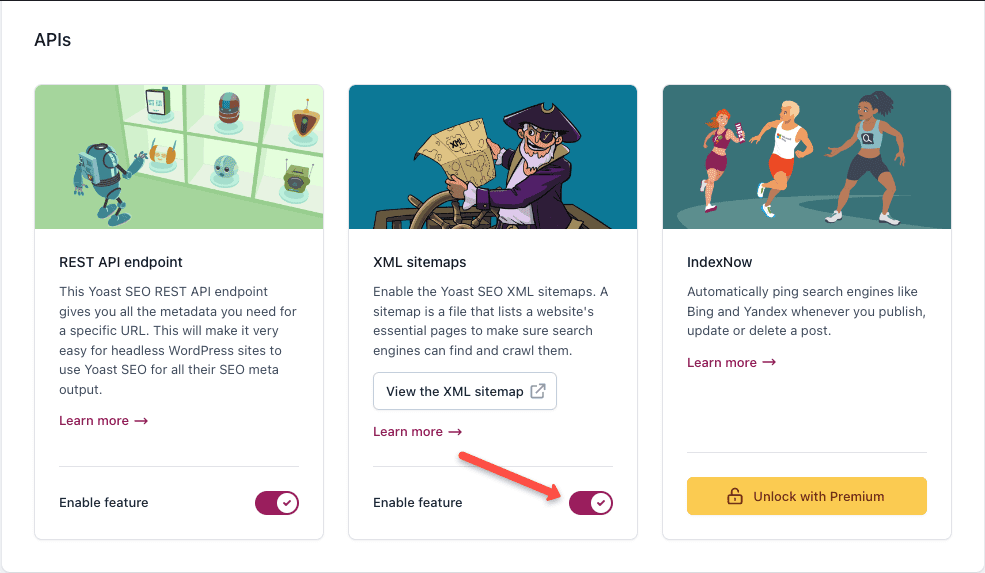 Screenshot showing the screen in the Yoast SEO plugin that allows you to enable or disable an automatic XML sitemap.
