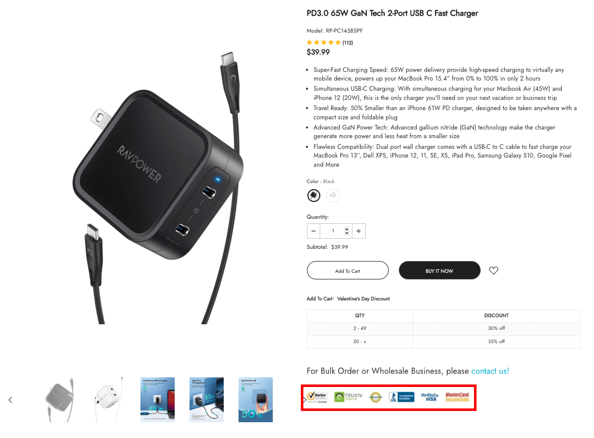 screenshot showing security badges under an amazon product