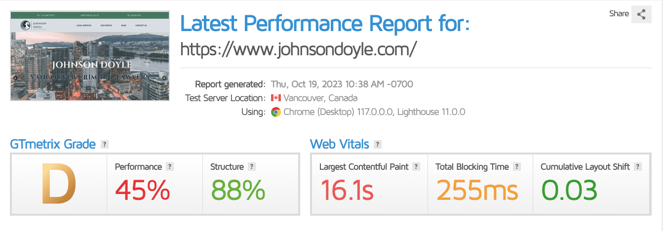 screenshot of a page speed report for a law firm