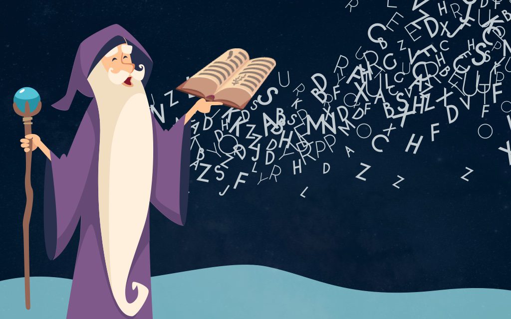 illustration of a wizard with an open book in his hand, casting a spell with hundreds of letters flying through the air around him
