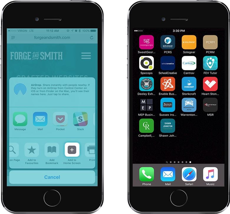 screenshot of two mobile phone screens, showing the favicons for Forge and Smith clients on the phone's home screen 