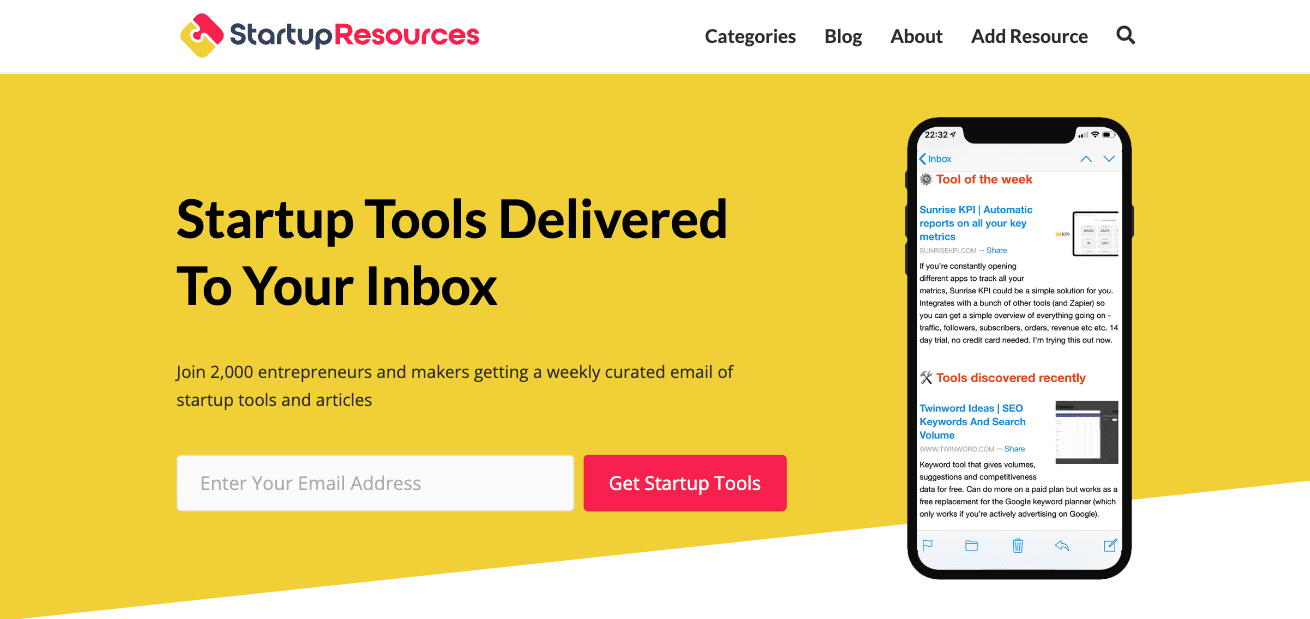 screenshot of the startup resources homepage, which is a yellow background with a simple heading, CTA copy, and signup next to a single image.