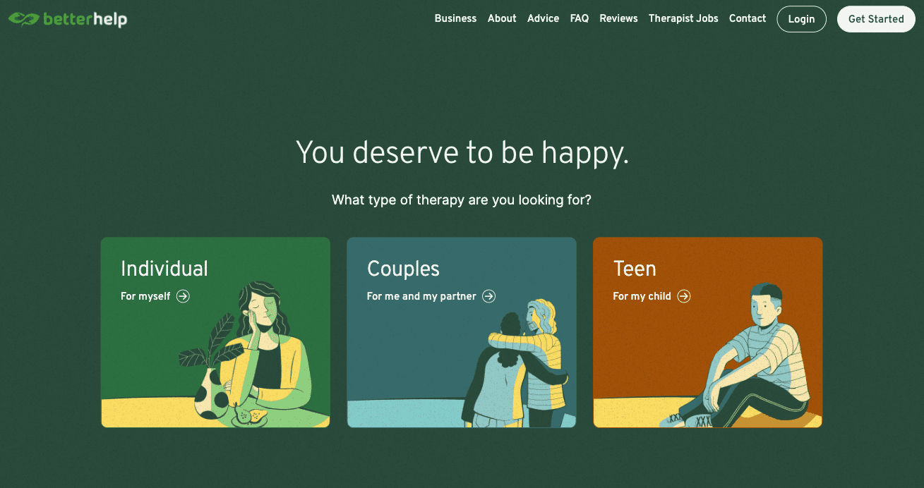 Screenshot showing the Better Help homepage, which has relatable illustrations representing individual, couples, and teen therapy types