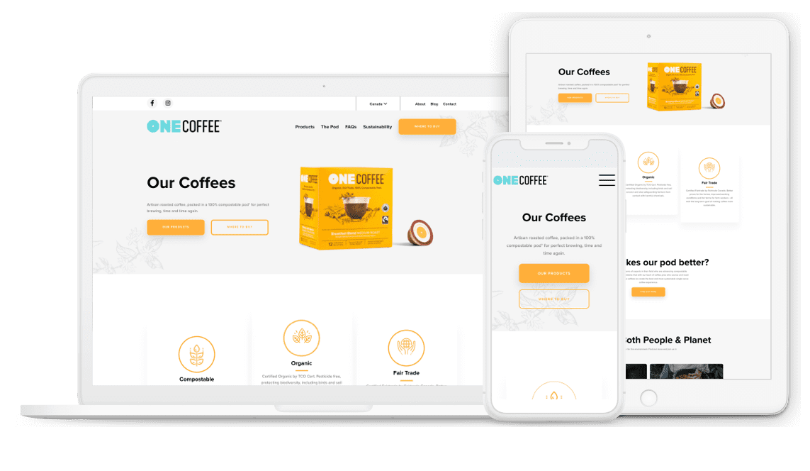 screenshot showing the onecoffee homepage on three devices