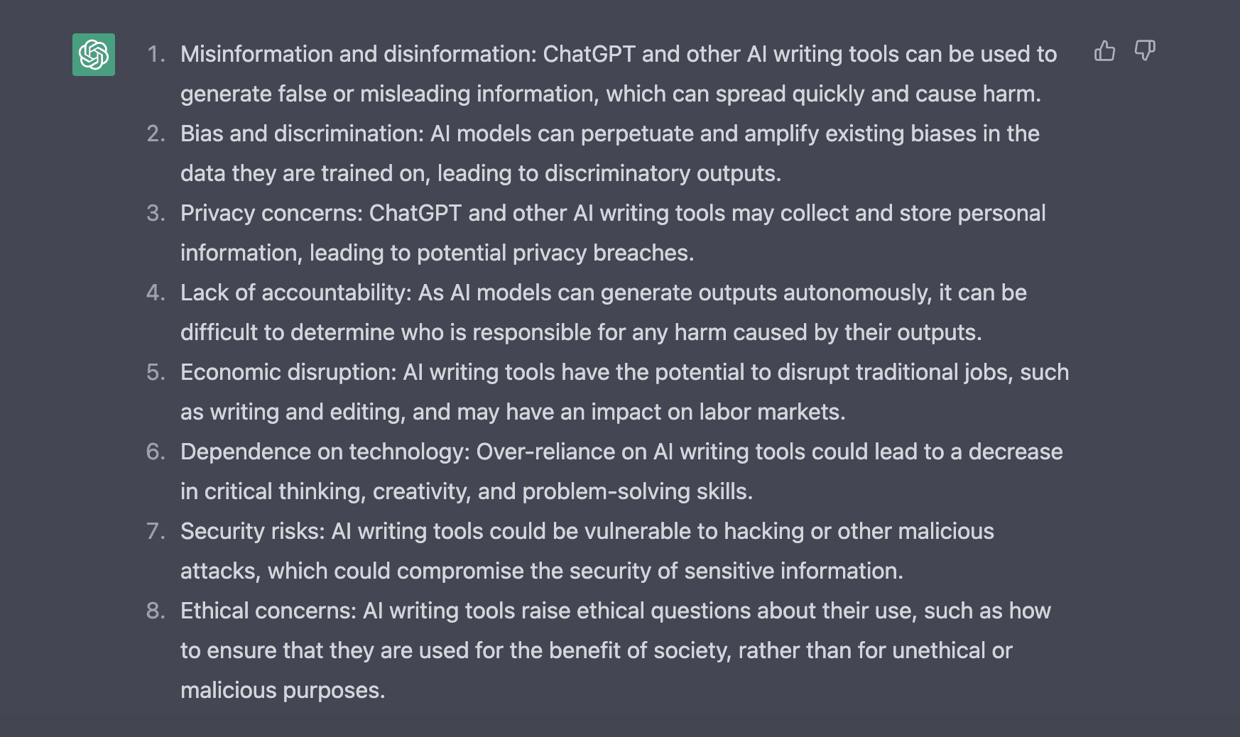 an 8-point ChatGPT list about the dangers of AI writing tools