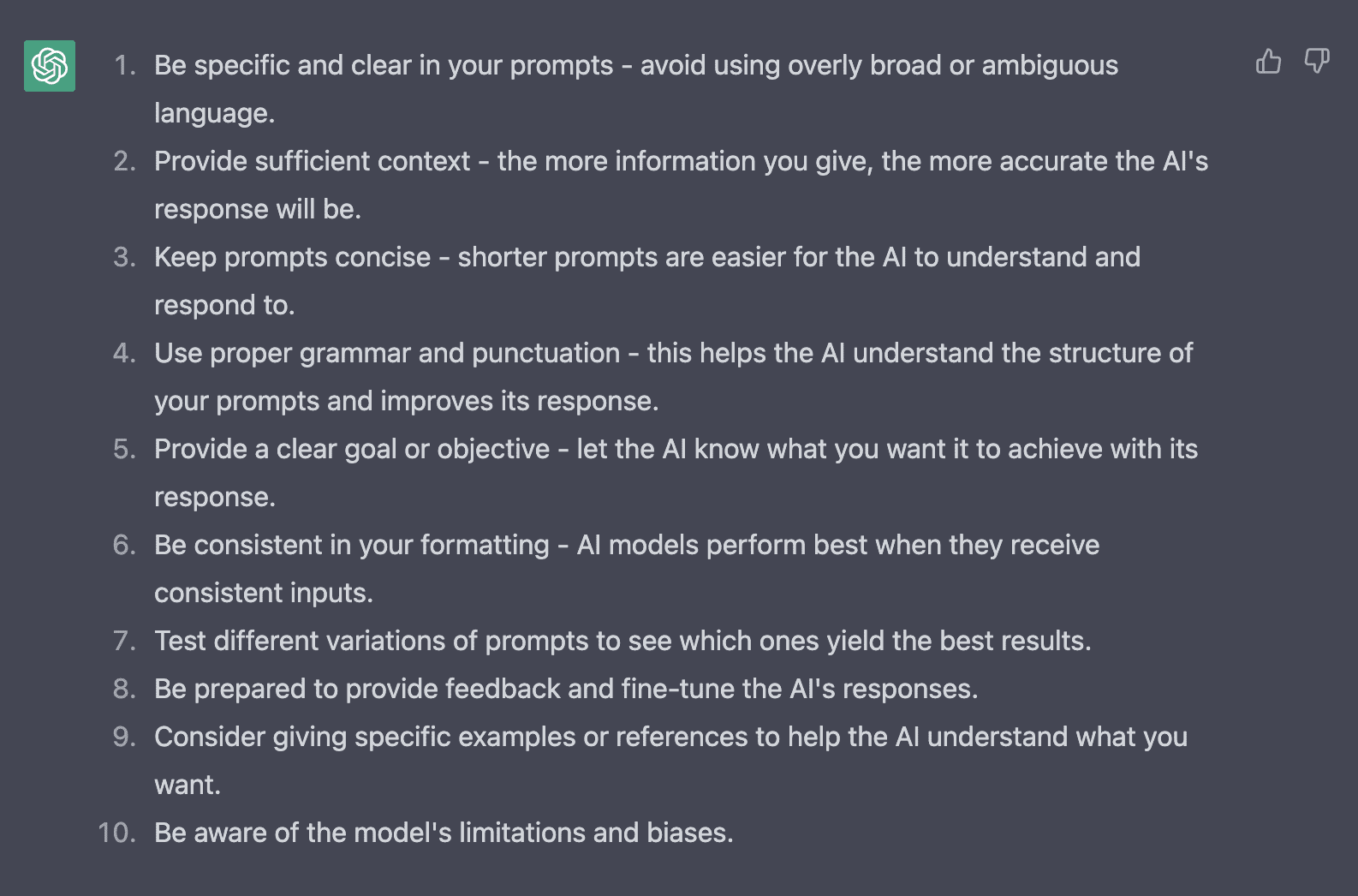 screenshot showing the outcome of asking ChatGPT to write the same list of tips for its own writing prompts