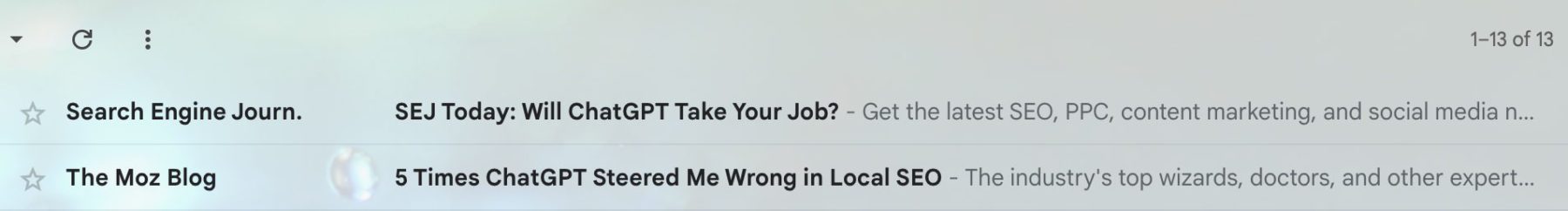 screenshot of a gmail inbox, with the subject lines from two popular SEO newsletters both talking about ChatGPT