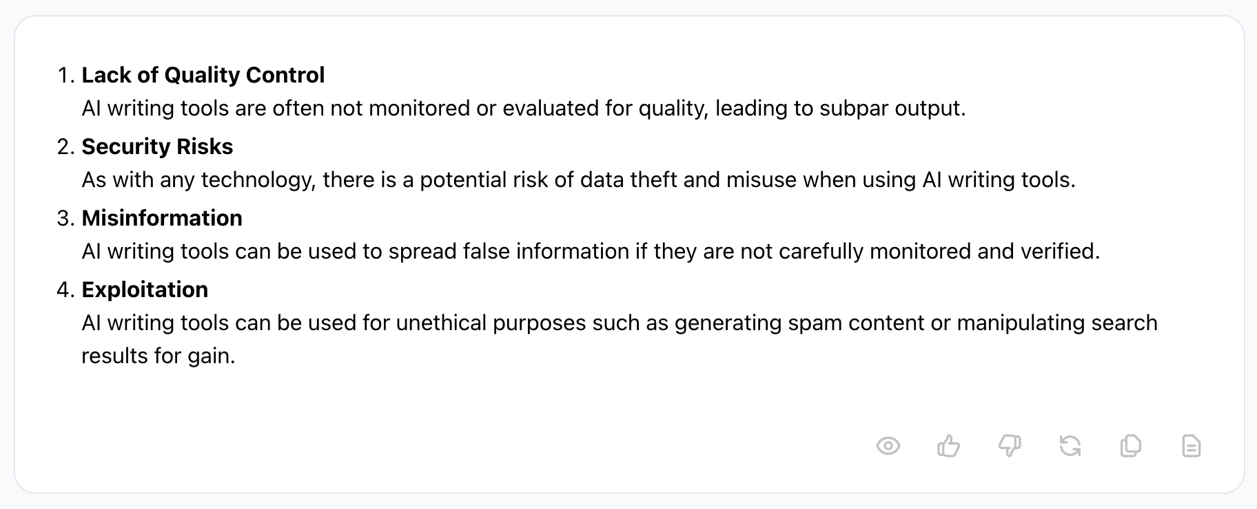 a 4-point Jasper list about the dangers of AI writing tools