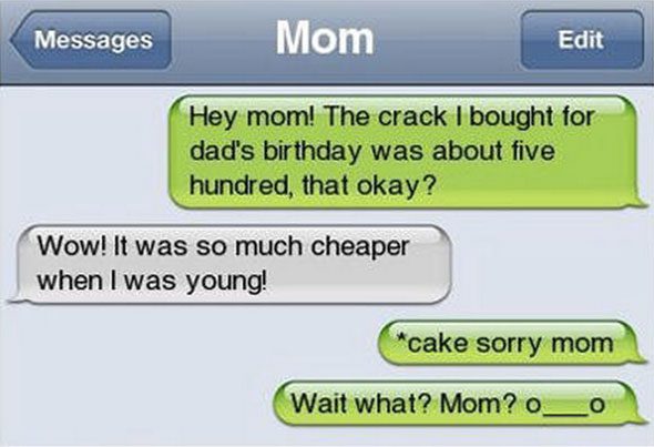 screenshot of an embarrassing text to someone's mom where autocorrect changed cake to crack 