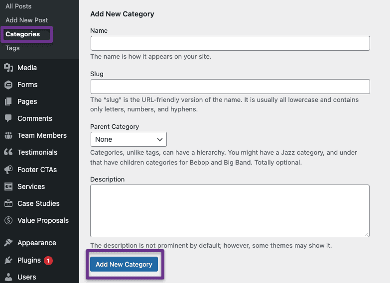 screenshot showing where the "add a category" menu to configure the name and slug