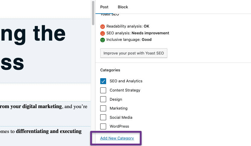screenshot showing where in the righthand menu to add a new category