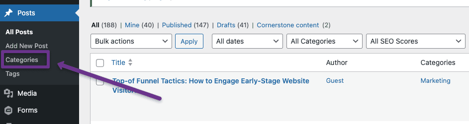 screenshot showing where in WordPress you can find post categories