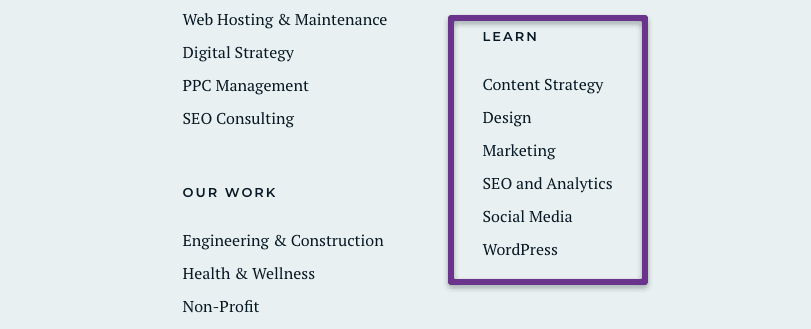 screenshot of the Forge and Smith website footer, showing blog categories
