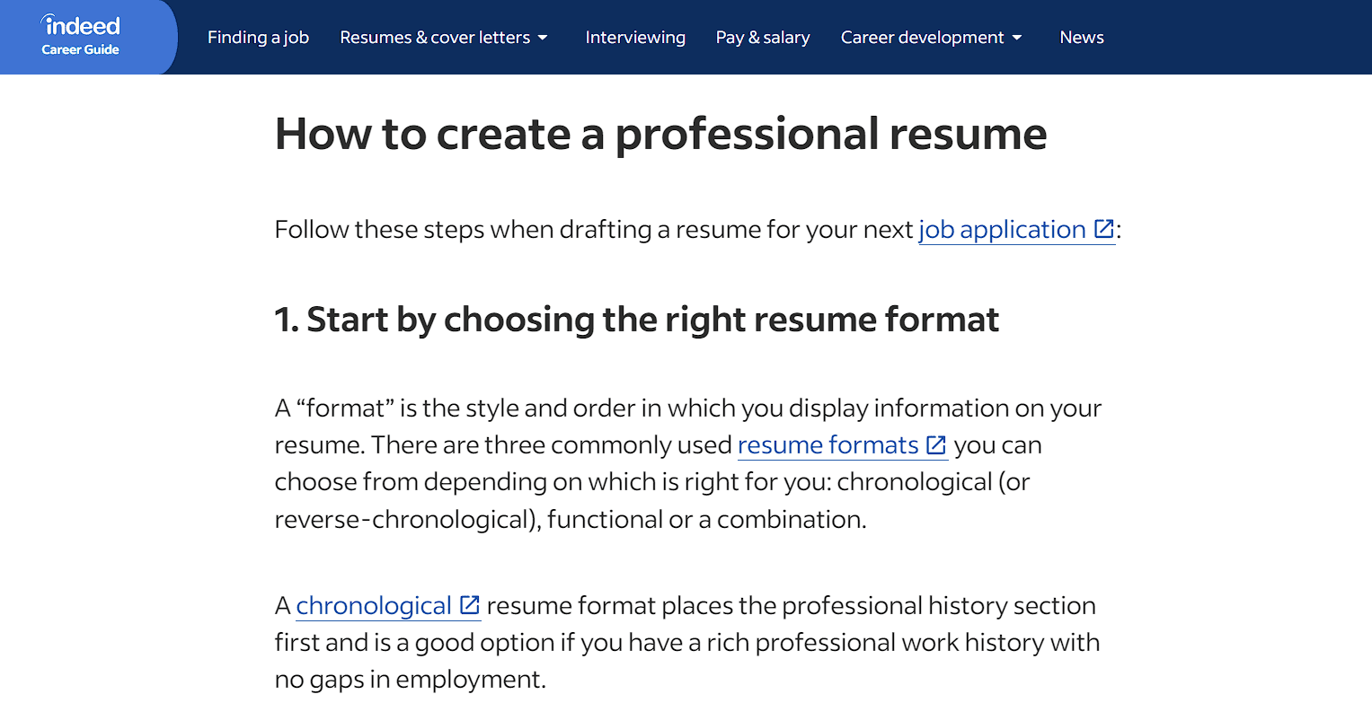 screenshot showing a blog post by Indeed that shares resume writing advice