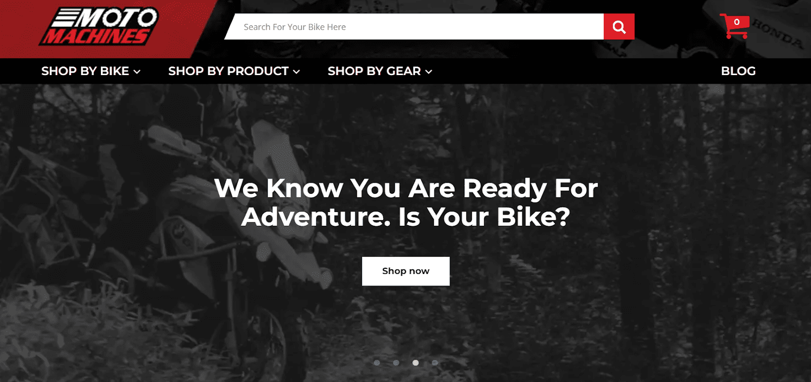 screenshot of the Moto Machines homepage, with an image of a bike in a forest and the line "we know you are ready for adventure. is your bike" next to a shop CTA
