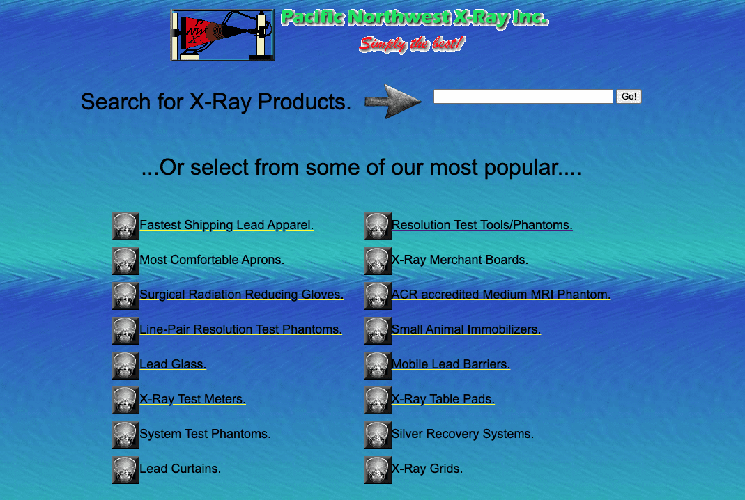 screenshot of the homepage for an X-ray product website that looks like it was built in the 90s