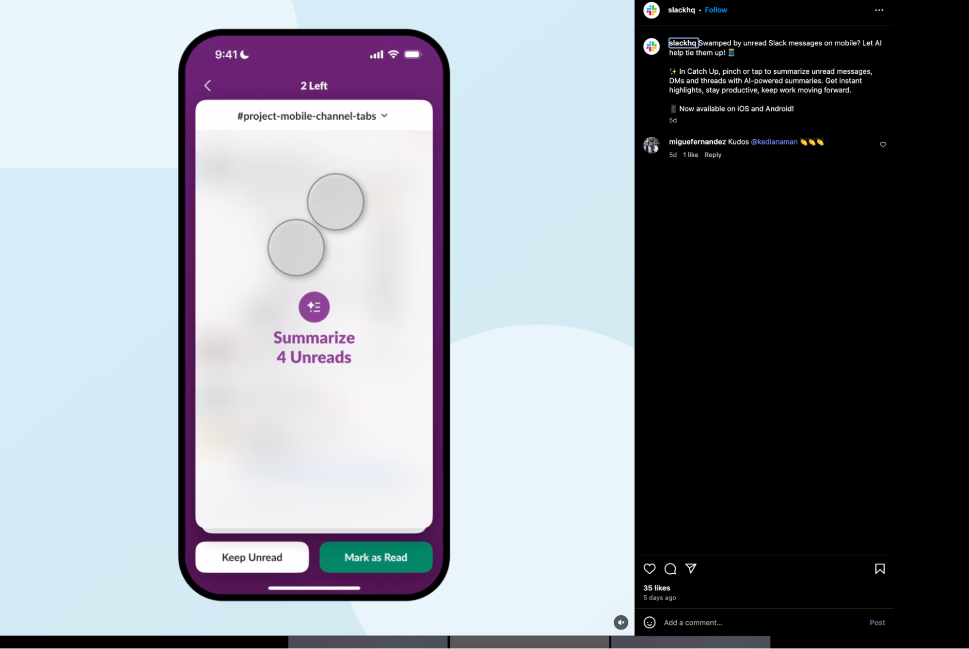 Screenshot showing a Slack product demo video on Instagram