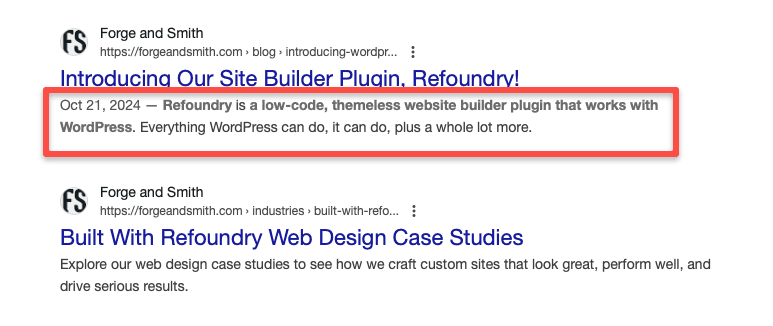screenshot showing the meta descriptions under two Forge and Smith pages, clearly describing the content and including keywords