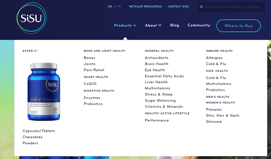 screenshot showing the product categories and subcategories in the Sisu menu