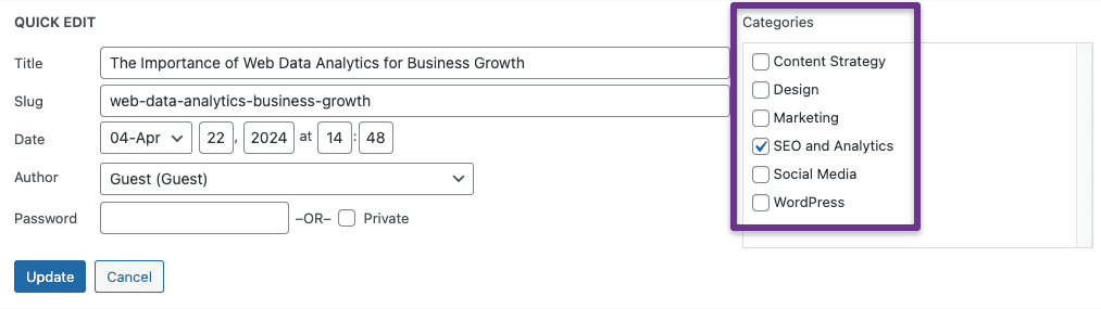 screenshot showing how to add categories from the quick edit menu