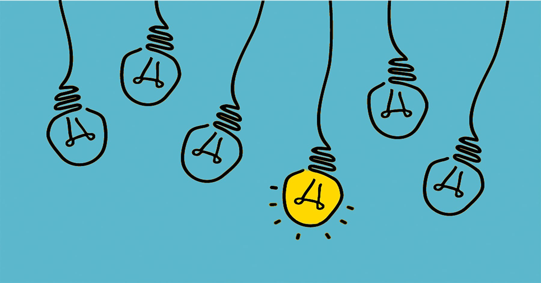 illustration of several light bulbs, one in color yellow referring to an a brilliant idea