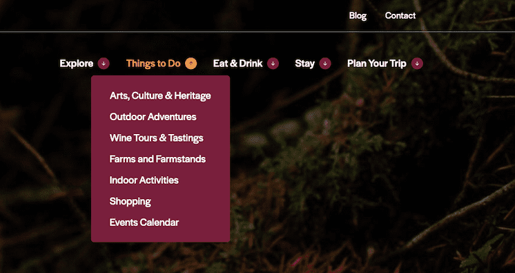 screenshot showing the activity categories on the Tourism Cowichan website