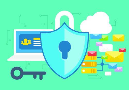 illustration showing a laptop with various icons representing security