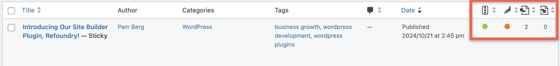 screenshot showing the Yoast score next to a blog post in the dashboard view