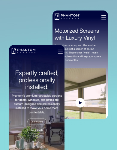 The Phantom Screens homepage and motorized screens product page, each mocked up on side-by-side mobile phone screens.