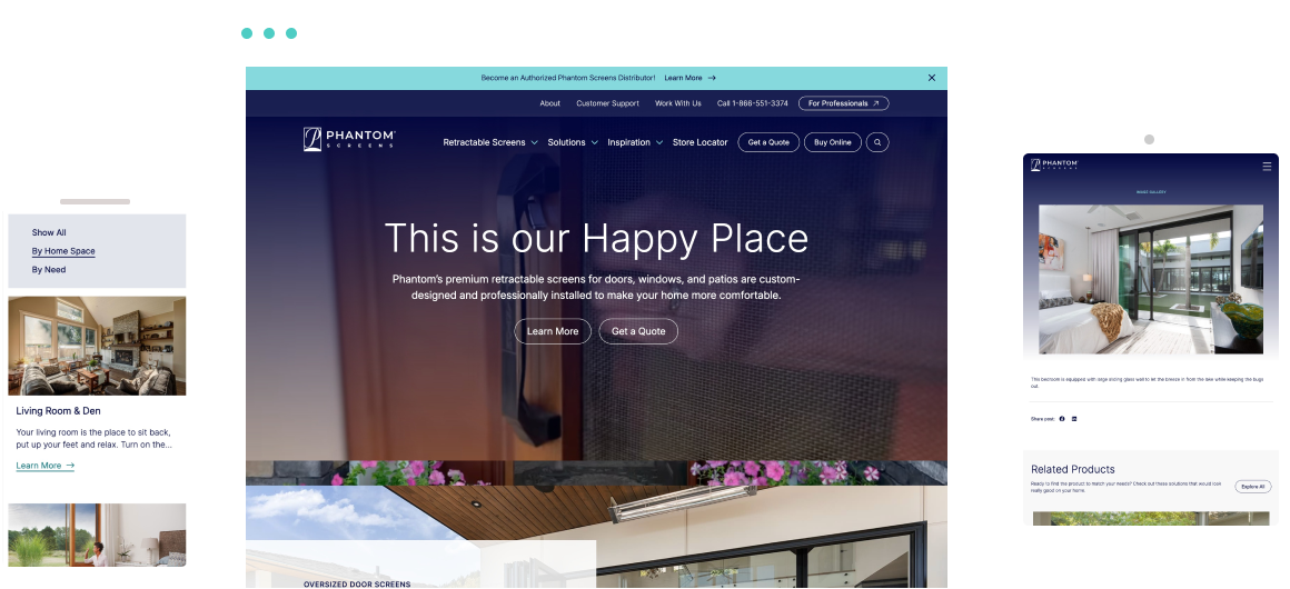 The Phantom Screens homepage and motorized screens product page, each mocked up on side-by-side mobile phone screens. 