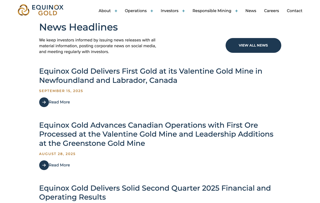 screenshot of long news headlines on the equinox gold website, none truncated