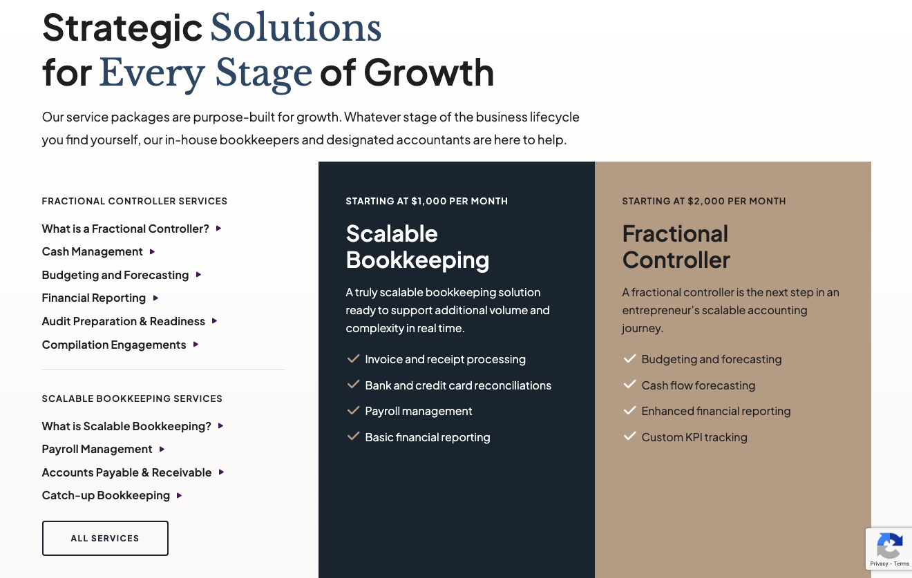 screenshot of origin accounting's pricing model with links to services and FAQ content