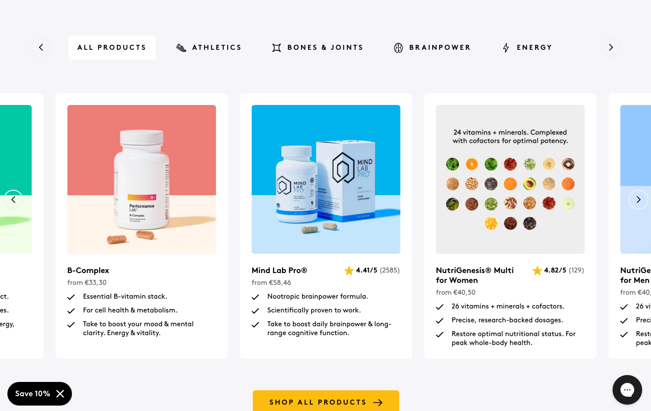 screenshot of performance lab's site using bright colours to draw the eye to key product details