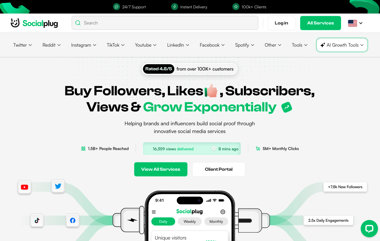 screenshot of the socialplug website with bright green used on key buttons and links