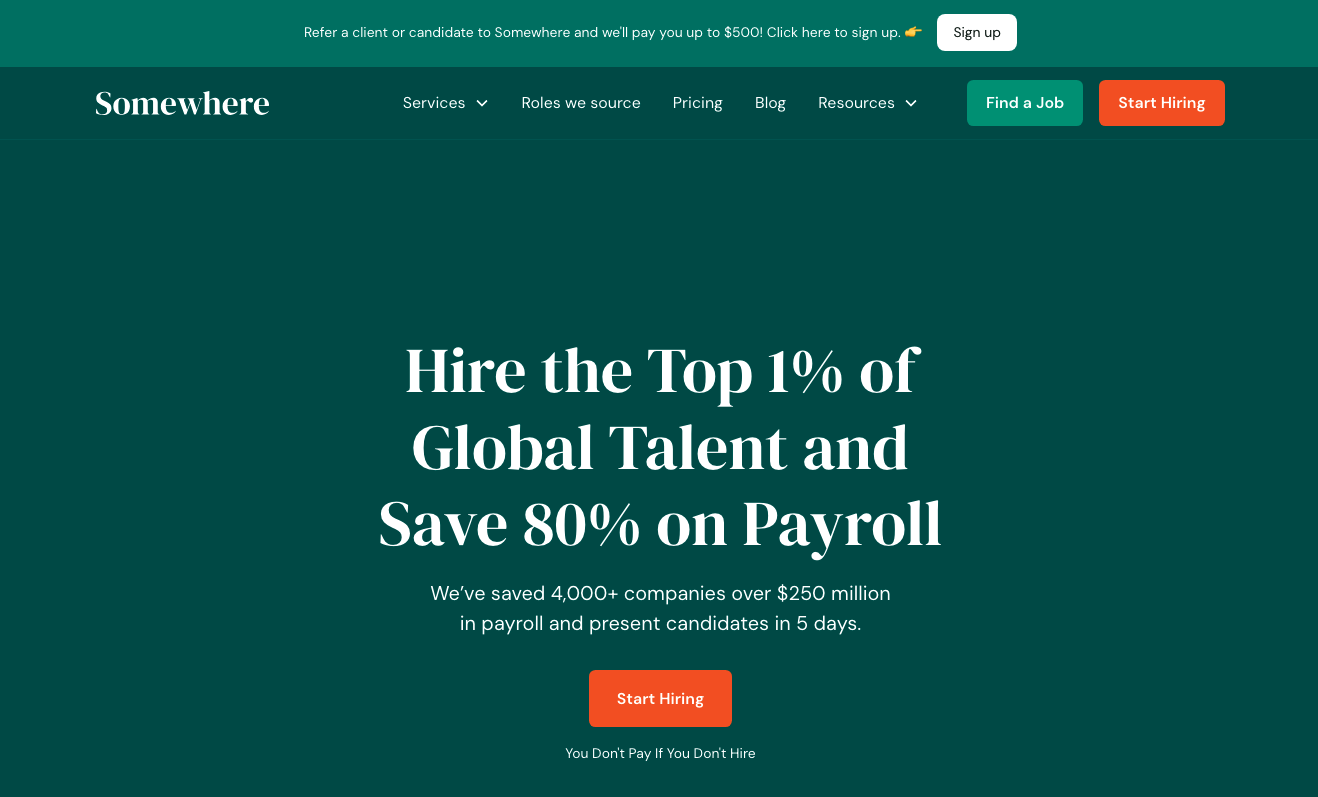 screenshot of the somewhere site, with "you don't pay if you don't hire" under the CTA button