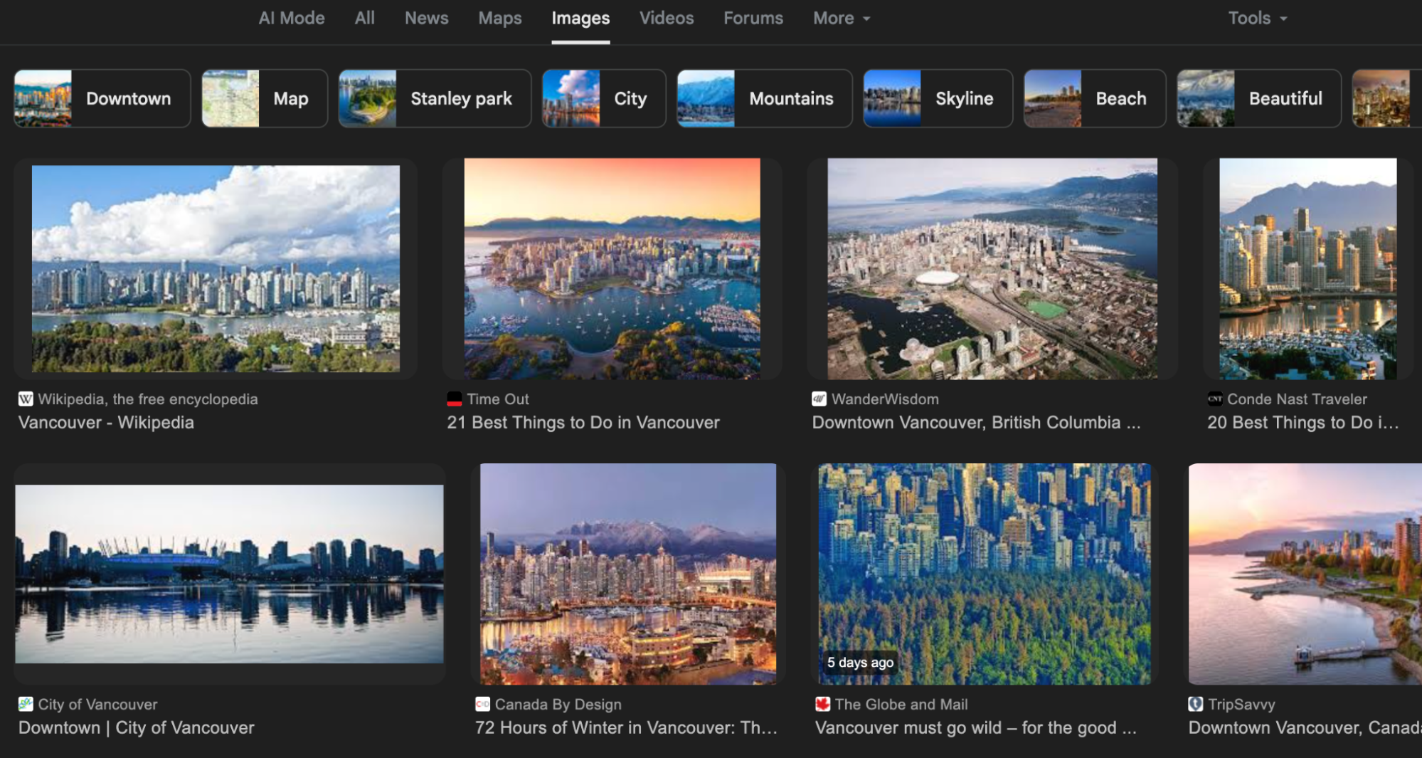 screenshot showing a google image search for images of Vancouver's skyline
